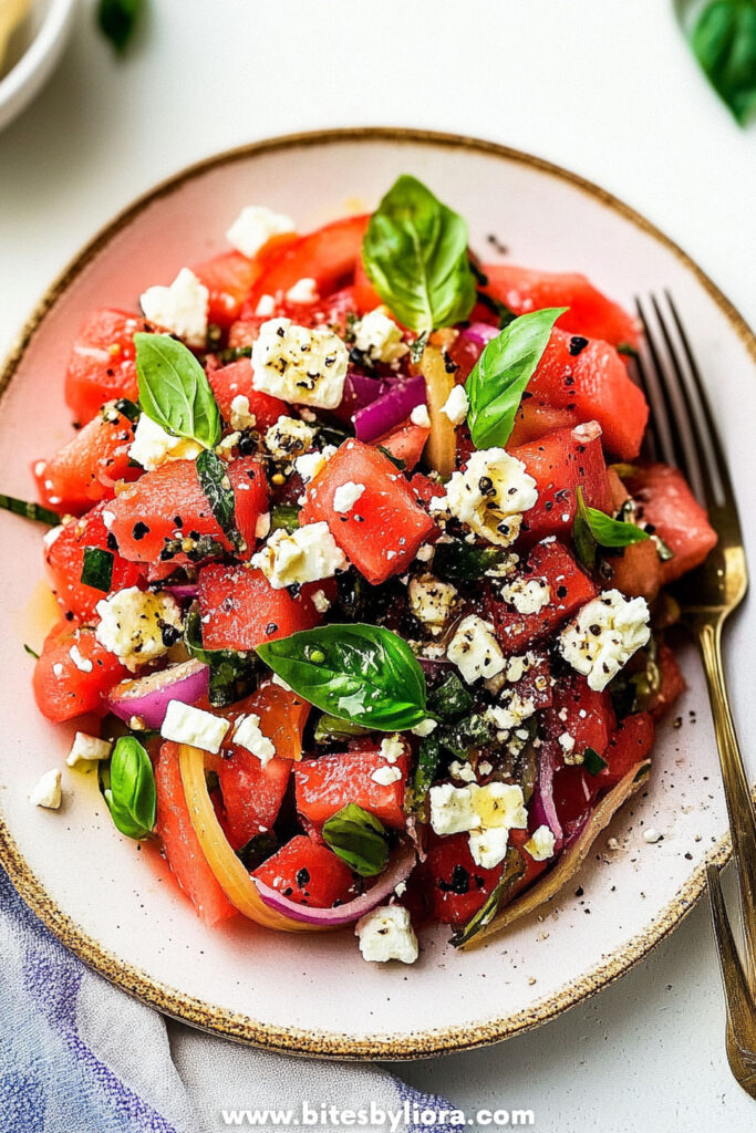 Watermelon Salad with Feta, Onion, and Basil